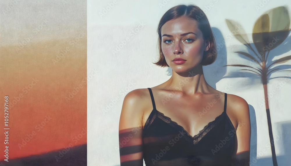 Fototapeta premium Beautiful model with clean skin and short hair in double exposure minimal effect - aesethic photo