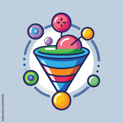 Colorful funnel with spheres around it
