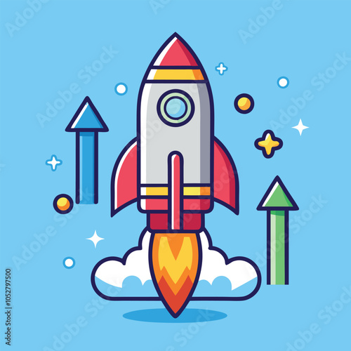 A cartoon rocket taking off with an upward arrow, signifying growth.