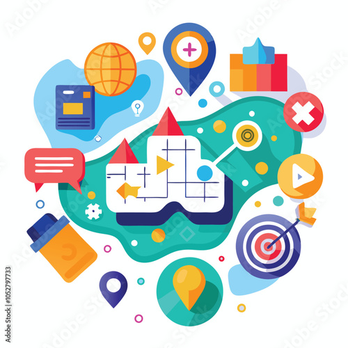 Colorful abstract design with a map and arrows.