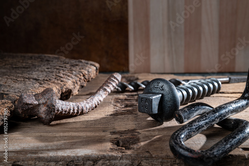 tornillos de durmiente de ferrocarril, ajuste de rieles de tren nuevo y oxidado photo