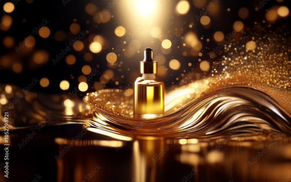 A glass dropper bottle filled with golden liquid sits on a shimmering wave of gold with a soft glow in the background.