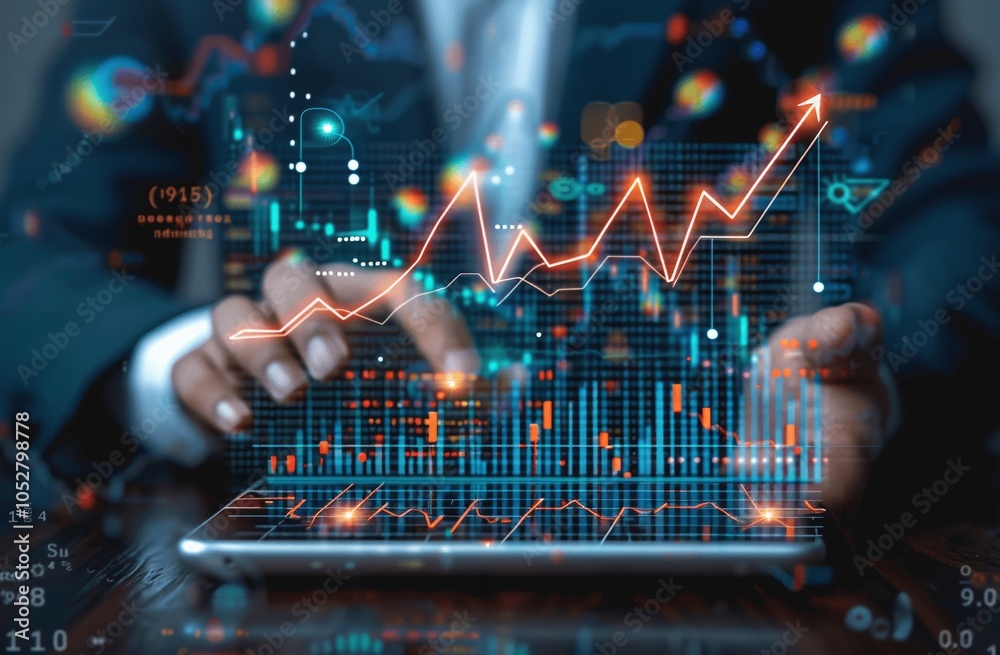 Businessman Analyzing Financial Growth Data on Tablet and Mobile Phone with Virtual Stock Market Background Businessman Analyzing Financial Growth Data on Tablet and Mobile Phone with Virtual Stock Market Background