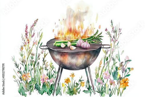 A vibrant illustration of a barbecue grill surrounded by blooming flowers, with vegetables sizzling amidst flames, evoking a lively outdoor cooking scene.