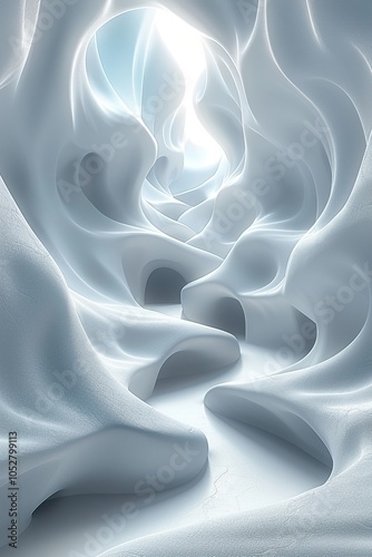 A serene, abstract representation of a snow-like cavern with smooth, flowing shapes.