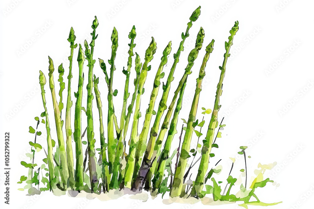 Obraz premium A vibrant watercolor illustration of fresh asparagus stalks standing tall, showcasing their green hues and natural beauty.