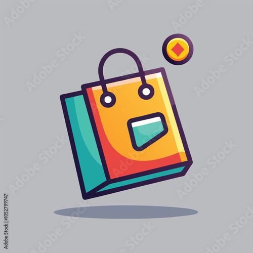 A colorful shopping bag with a happy face and a coin flying nearby.
