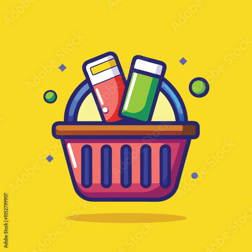 Colorful cartoon shopping basket with items.