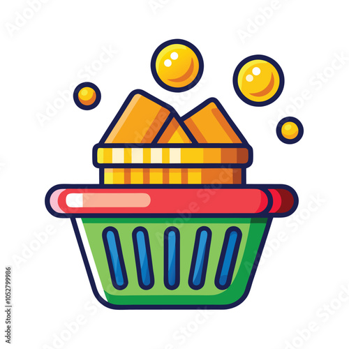 Gold coins in a shopping basket.