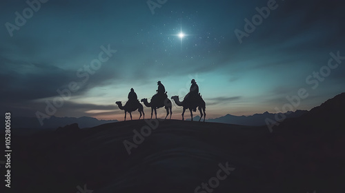 Three Wise Men riding across a vast desert on camels