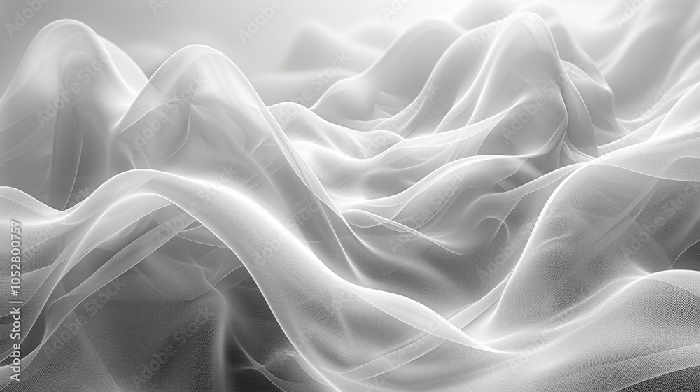A soft, flowing texture resembling waves of sheer fabric in shades of white and gray. A soft, flowing texture resembling waves of sheer fabric in shades of white and gray.