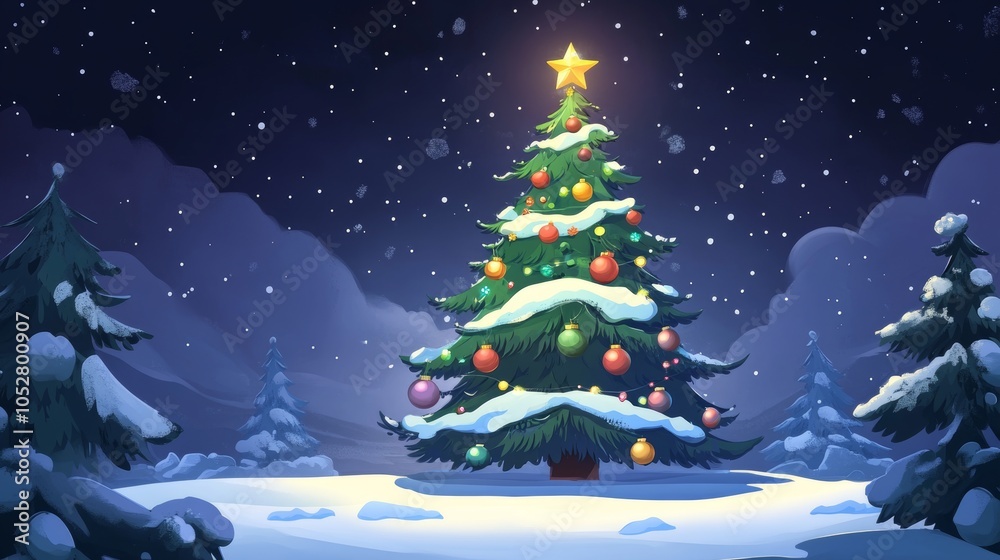 A beautifully lit Christmas tree stands in the snowy outdoors, adorned with vibrant, colorful ornaments, embodying the festive spirit and warmth of the holiday season. A beautifully lit Christmas tree stands in the snowy outdoors, adorned with vibrant, colorful ornaments, embodying the festive spirit and warmth of the holiday season.