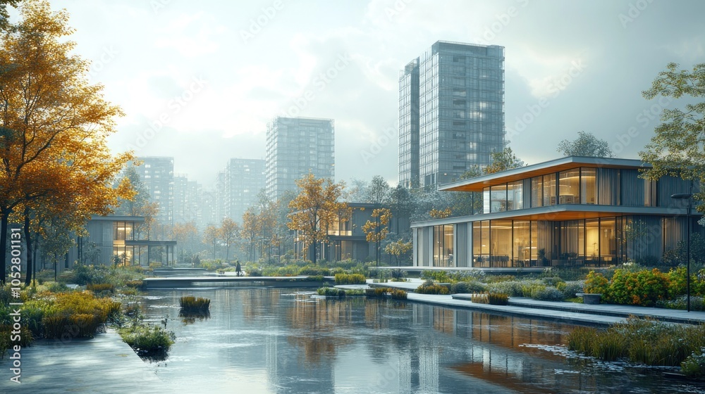 Modern urban landscape with buildings and serene water features. Modern urban landscape with buildings and serene water features.