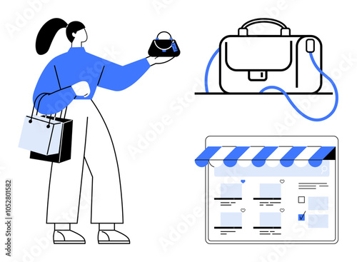 Woman holding a purse, shopping bags in hand, examining a handbag, online store UI. Ideal for e-commerce, online shopping, digital marketing, retail business, customer experience, fashion commerce