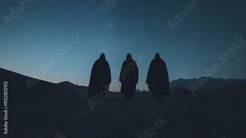 Three Wise Men walking across a vast desert