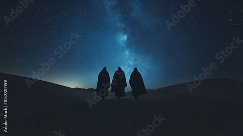 Three Wise Men walking across a vast desert