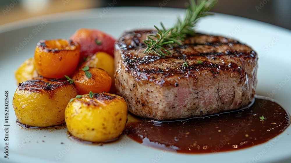 Grilled steak with roasted vegetables on a plate. Grilled steak with roasted vegetables on a plate.