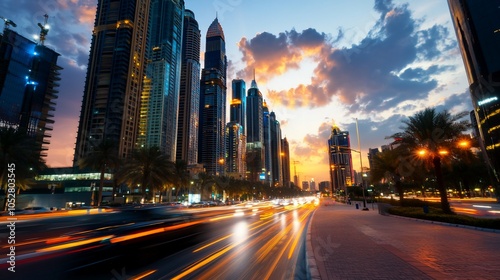 A city street with tall buildings, palm trees, and traffic at sunset.