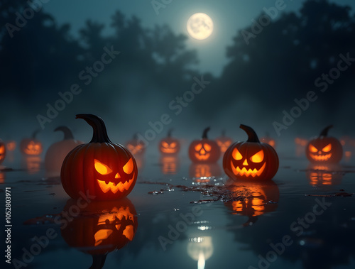 Spooky Halloween pumpkins under a full moon photo