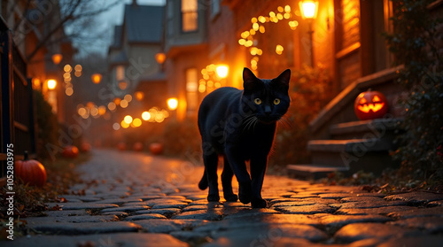 Black cat prowling on a cobblestone path with Halloween decor photo