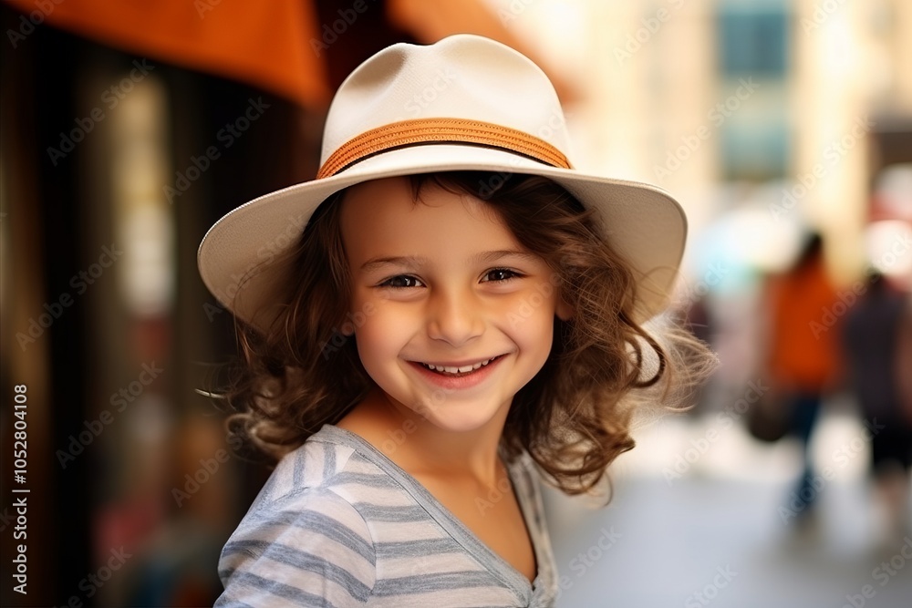 Portrait of a cute little girl in a hat on the street