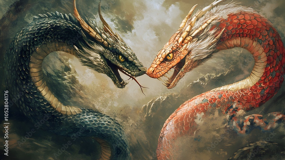 Epic Clash of Titans: Dragon Faces Off Against the Serpent. This powerful artwork captures the intense confrontation between two mythical creatures, embodying fire and ice. Epic Clash of Titans: Dragon Faces Off Against the Serpent. This powerful artwork captures the intense confrontation between two mythical creatures, embodying fire and ice.
