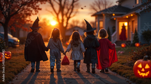 Children dressed in costumes trick-or-treating at sunset photo