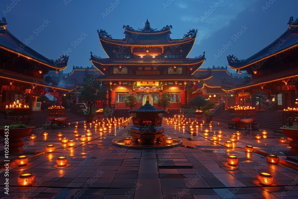 A large courtyard with many lanterns lit up A large courtyard with many lanterns lit up