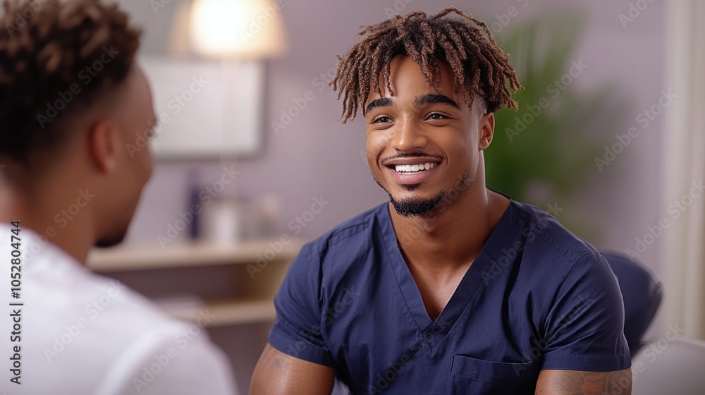 Smiling Man with Dreadlocks in a Blue Shirt Talking to Another Man Smiling Man with Dreadlocks in a Blue Shirt Talking to Another Man