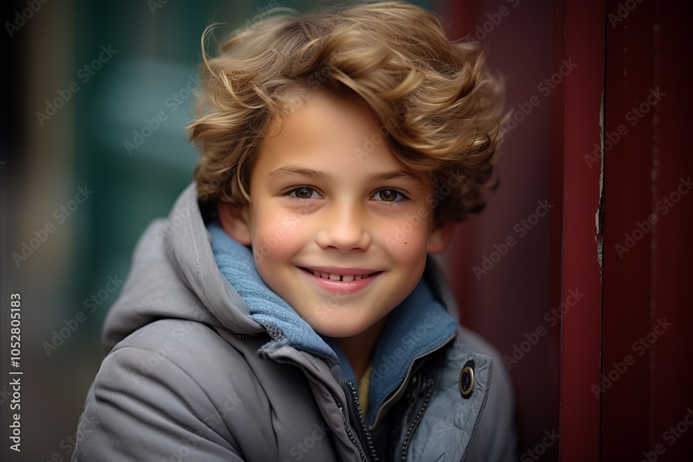 Portrait of a cute little boy with blond curly hair in a gray jacket Portrait of a cute little boy with blond curly hair in a gray jacket