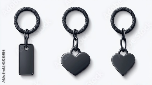 Three black keychains with different charms rectangle, heart, and heart.