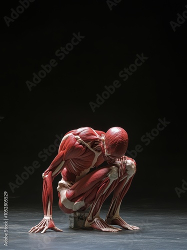 This striking image showcases a detailed anatomical model in a crouched position, emphasizing both the intricacies of human musculature and the themes of introspection and vulnerability.