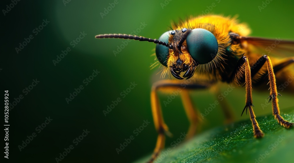 This stunning macro shot captures a vibrant bee perched on a leaf, showcasing its intricate details, vibrant colors, and large, striking eyes against a blurred green background. This stunning macro shot captures a vibrant bee perched on a leaf, showcasing its intricate details, vibrant colors, and large, striking eyes against a blurred green background.
