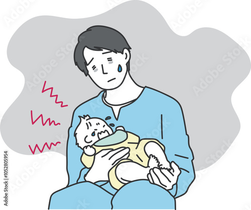 夜泣きに困る父親のシンプルイラスト