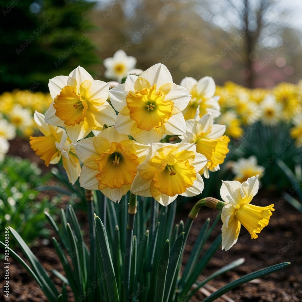Obraz premium Cluster of yellow-white daffodils basking in the bright sunshine.