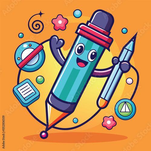 A happy blue pencil character holding a pen.
