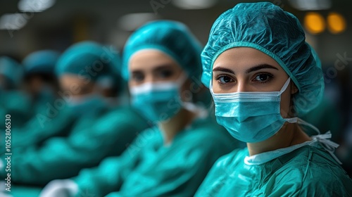 Female Surgeon Wearing Surgical Cap and Mask, Focused Expression