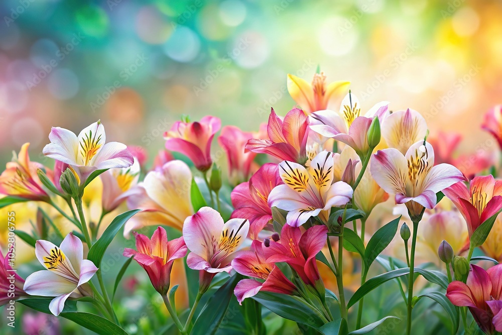 Fototapeta premium Panoramic enchantment in Alstroemeria garden with pastel background