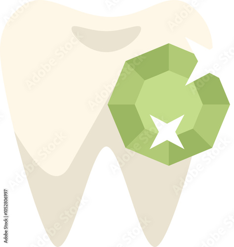 Green gemstone is replacing a part of a tooth, showing the result of a dental implant surgery