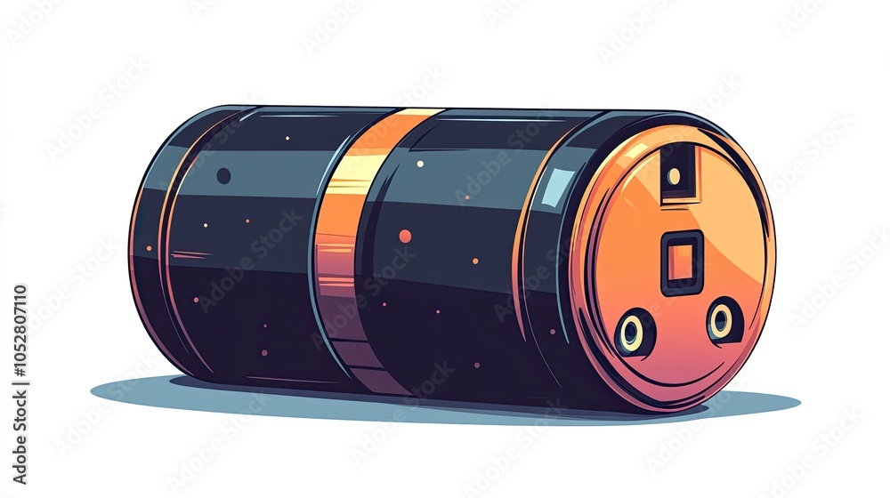 A black and gold cylindrical battery with a power outlet on one end. A black and gold cylindrical battery with a power outlet on one end.
