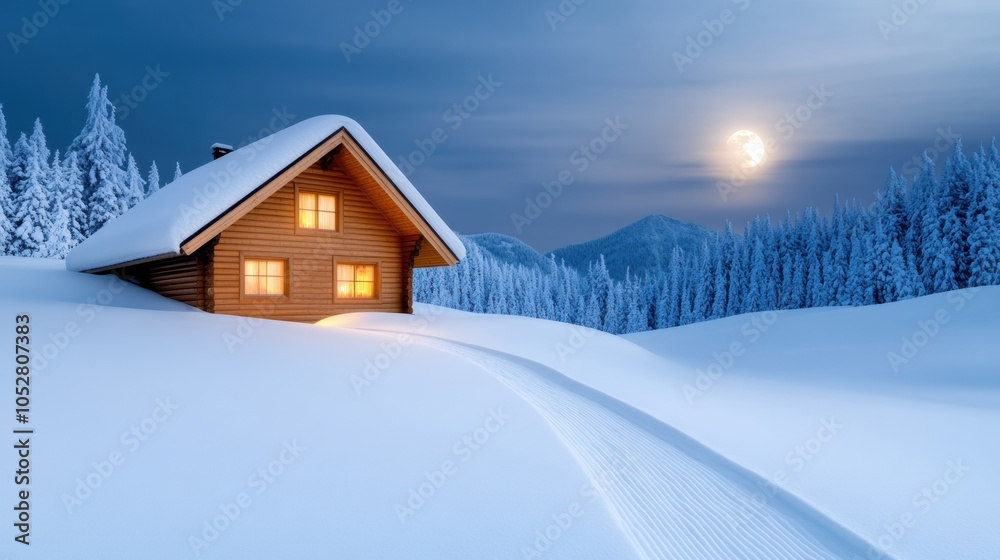 Fototapeta premium Cozy cabin nestled in a snowy landscape under a full moon, AI