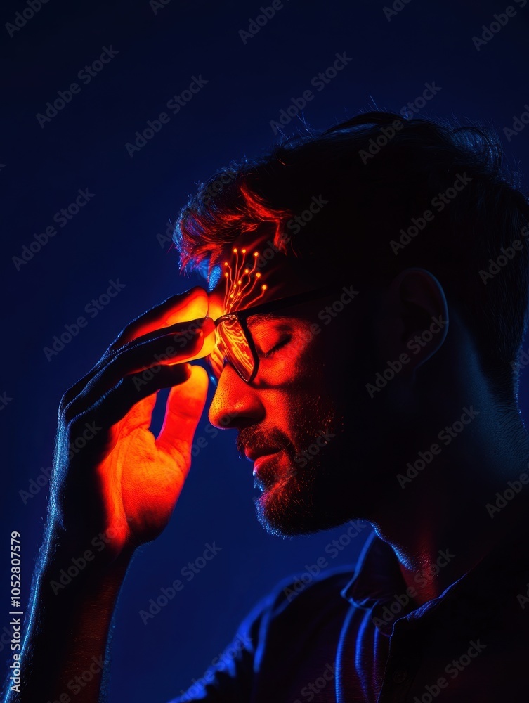 A captivating profile of a man in deep thought, illuminated by vibrant red and blue lights, symbolizing the fusion of technology and human consciousness in the modern age. A captivating profile of a man in deep thought, illuminated by vibrant red and blue lights, symbolizing the fusion of technology and human consciousness in the modern age.