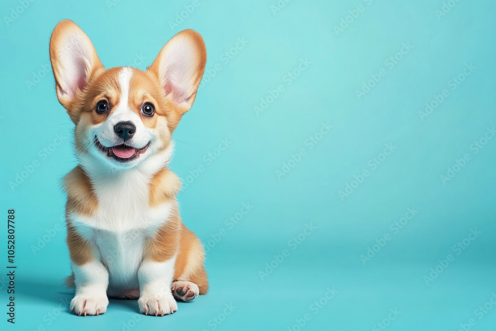 Small dog sitting on blue background with tilted head, looking curiously at a butterfly fluttering nearby. Small dog sitting on blue background with tilted head, looking curiously at a butterfly fluttering nearby.