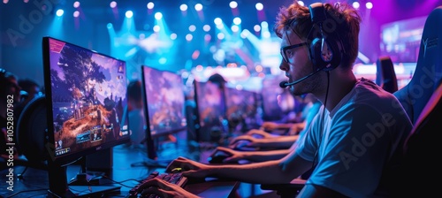 Gaming Competition Extravaganza: Live Players in Action at Game Festival with Blue and Purple Lighting photo