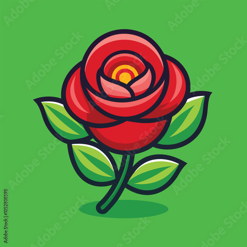 A single red rose with green leaves.