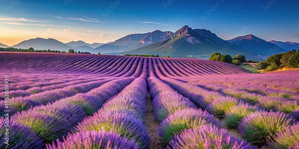Naklejka premium Panoramic landscape of lavender fields in Provence mountains