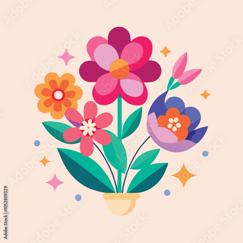Colorful flowers in a pot, a vibrant illustration.