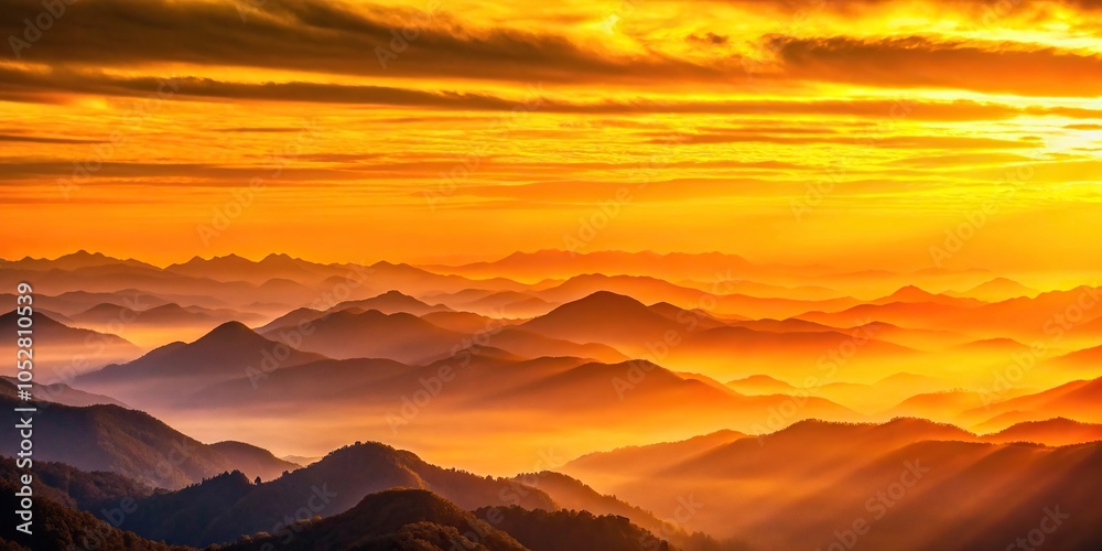 Obraz premium Panoramic orange yellow sunset layers mountains