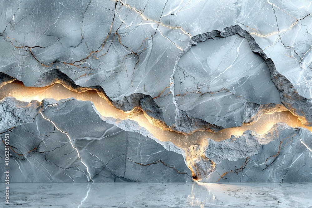 Fototapeta premium Abstract marble wall design with glowing cracks and textures.
