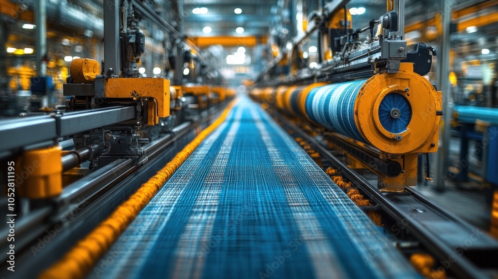Industrial textile production line with blue fabric spools. Industrial textile production line with blue fabric spools.